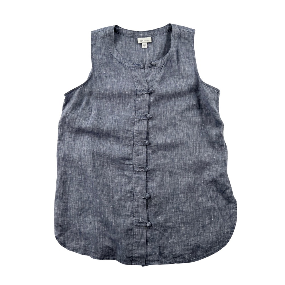 J. Jill 100% Linen Blue Longline Vest Frog Knot Button Tank Top Sz Small Boho